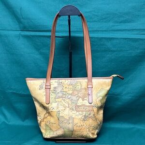 ALVIERO MARTINI Map Print Tote Bag with Tan Straps